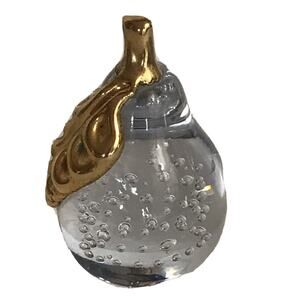Bullicanti Handblown Glass Pear Paperweight Gilded Gold Stem Leaf Bubbles 3.5"H